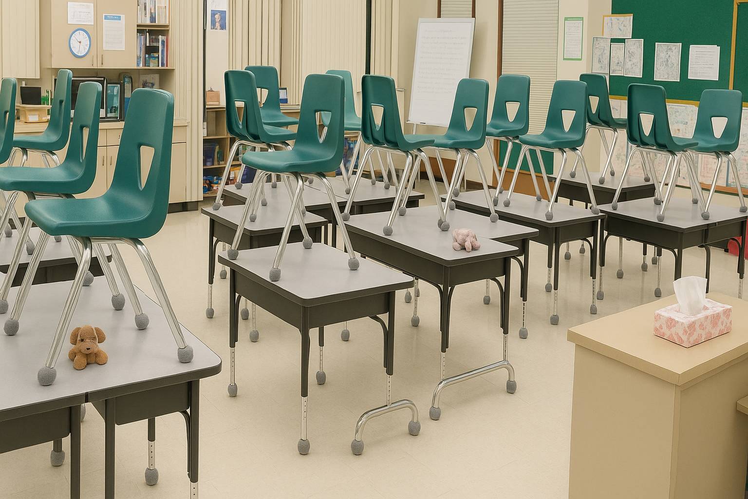 Quiet classroom with chairs protected for reduced floor noise
